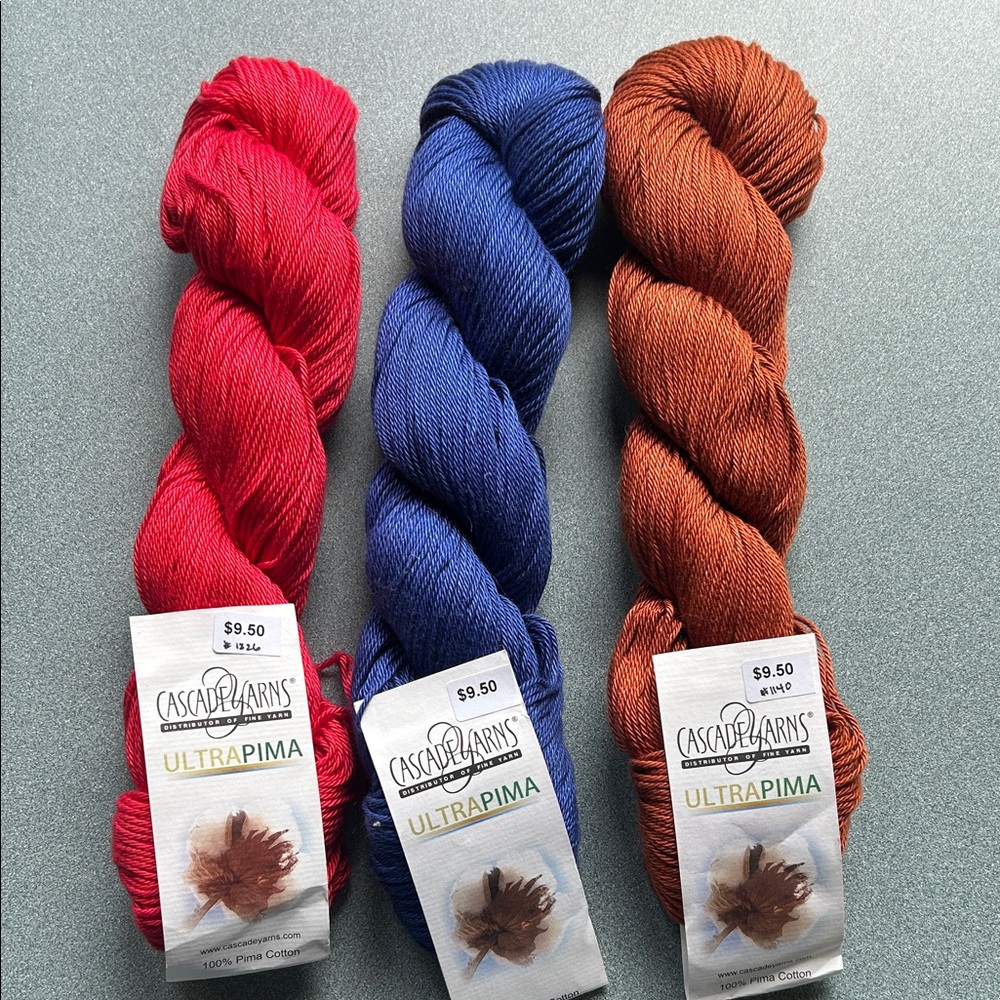 Cascade Yarns Ultra Pima Cotton Yarn - Set of 3 (Red, Blue, Brown) NWT